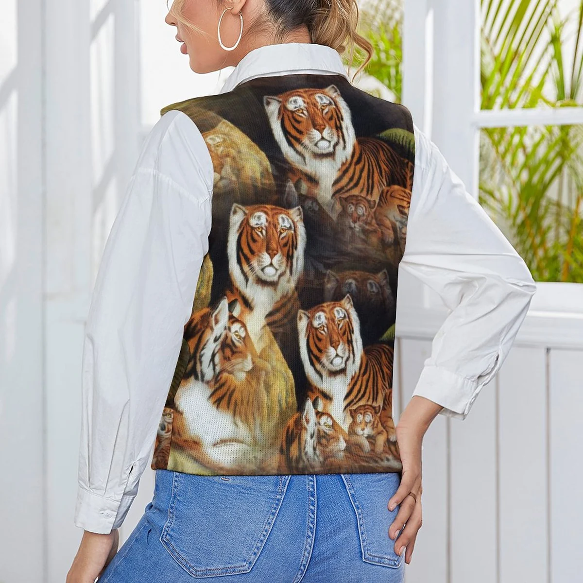 Women's V-Neck Knit Sweater Vest - Tiger Family Portrait Print - view 5