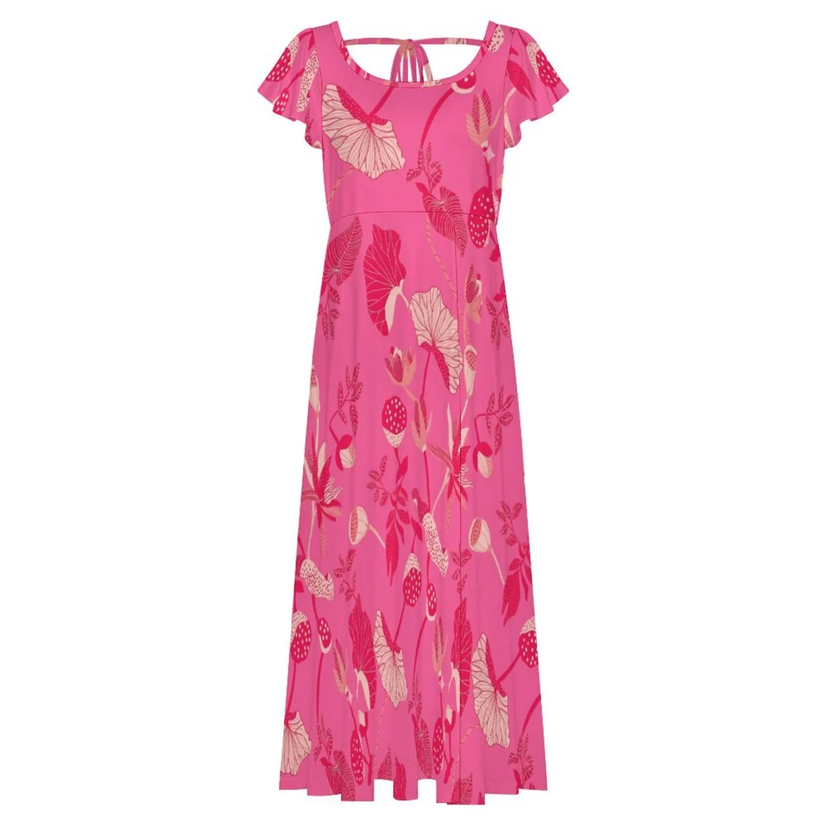 Women's Flutter Sleeve Tie-Back Slit Midi Dress - Tonal Fan Palm Print - view 6
