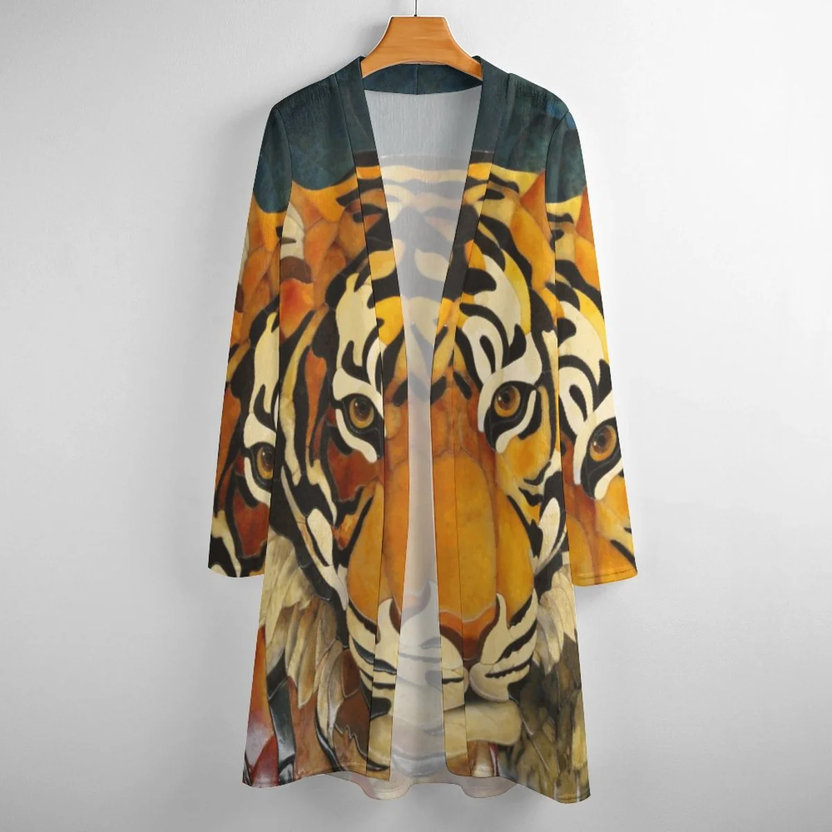 Women's Longline Open Front Cardigan - Painted Tiger Face Print - view 4
