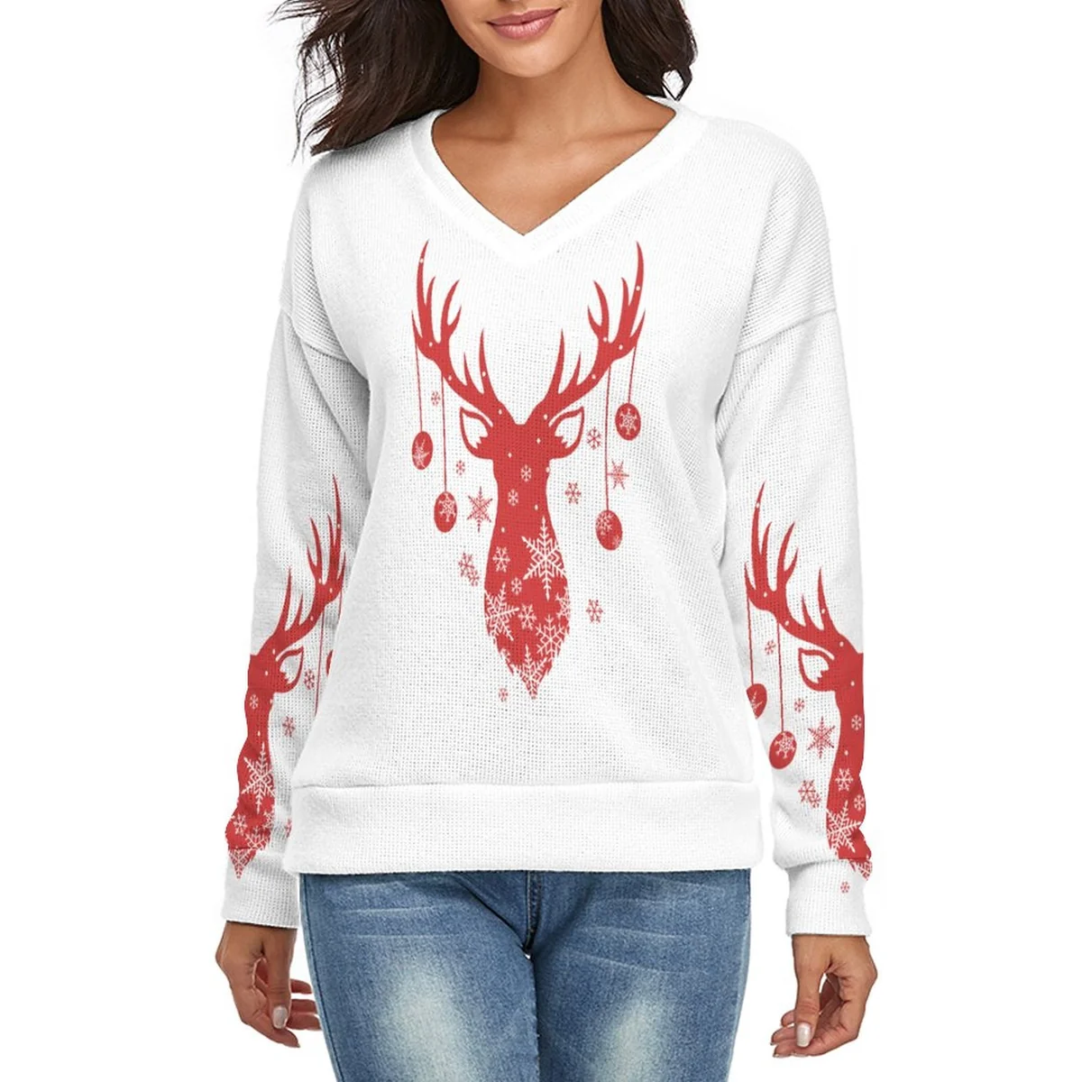 Women's V-Neck Pullover Sweater - Ornament Reindeer Print
