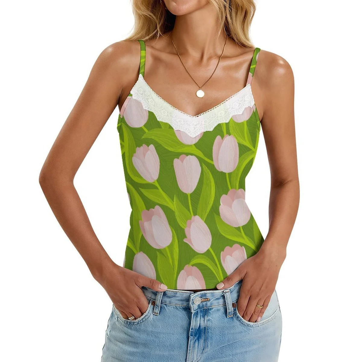 Women's Lace Trim V-Neck Cami Top - Pink Tulip Print