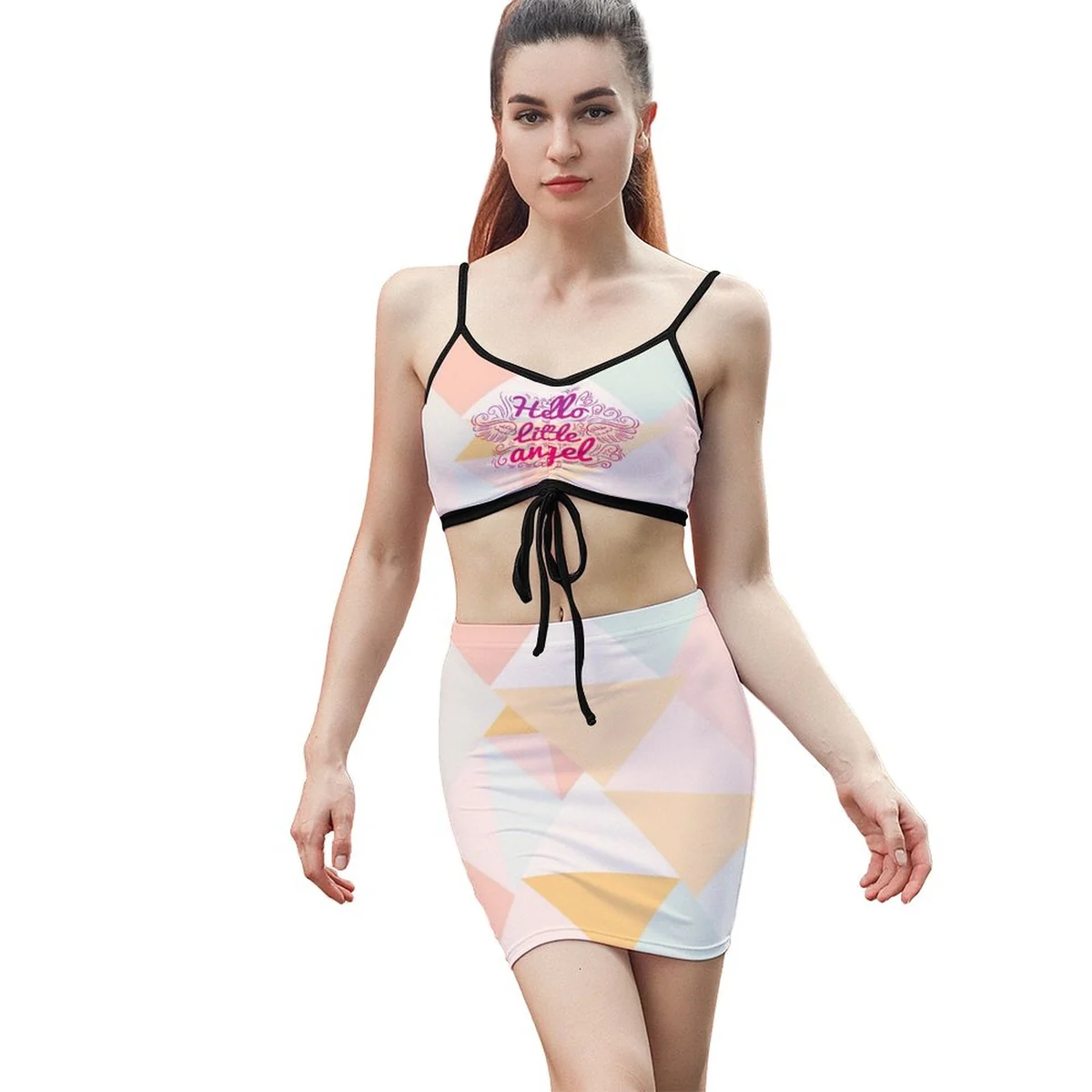 Women's Tie-Front Crop Cami and Mini Skirt Set - Pastel Triangle Mosaic Print