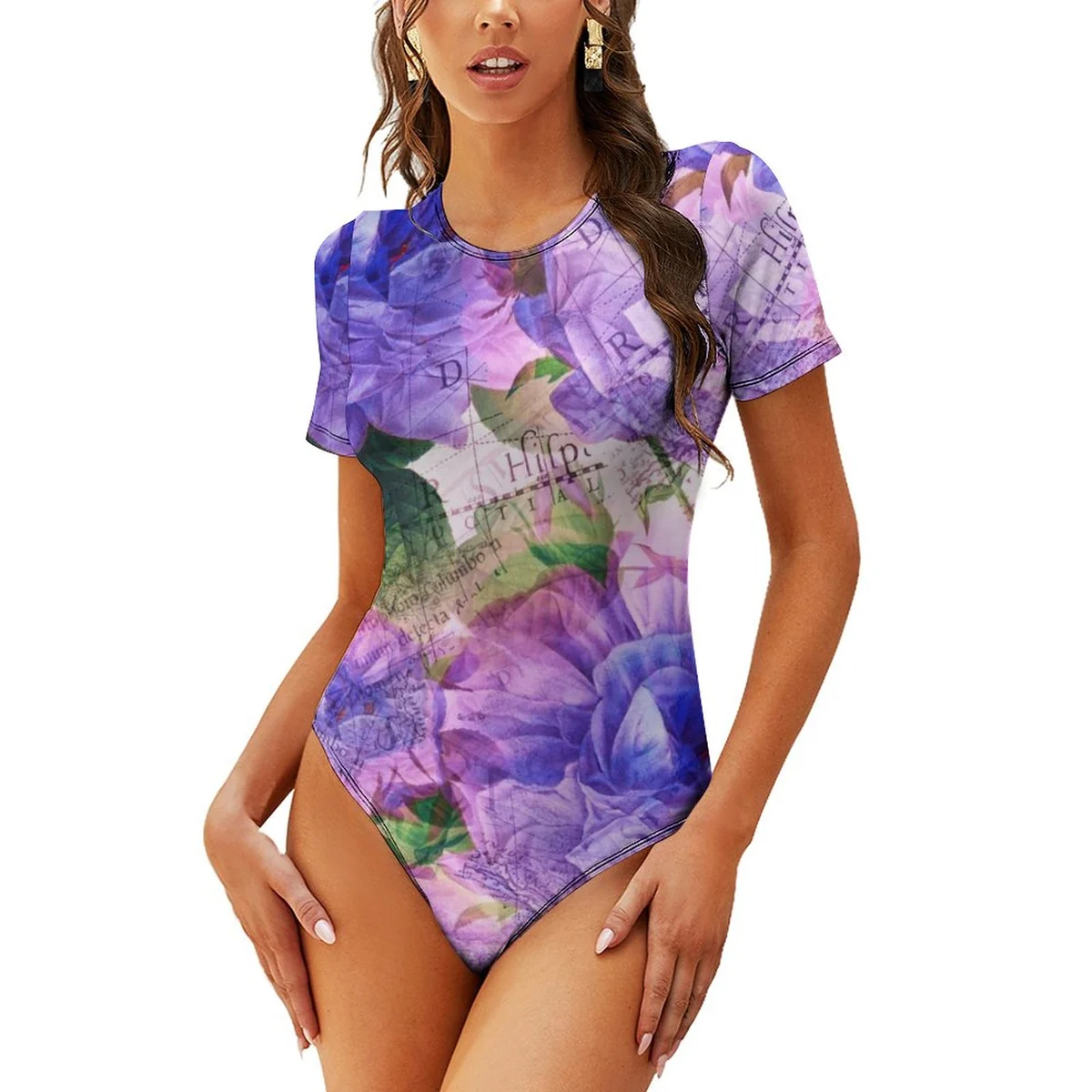 Women's Crew Neck Short Sleeve Bodysuit - Violet Rose Collage Print