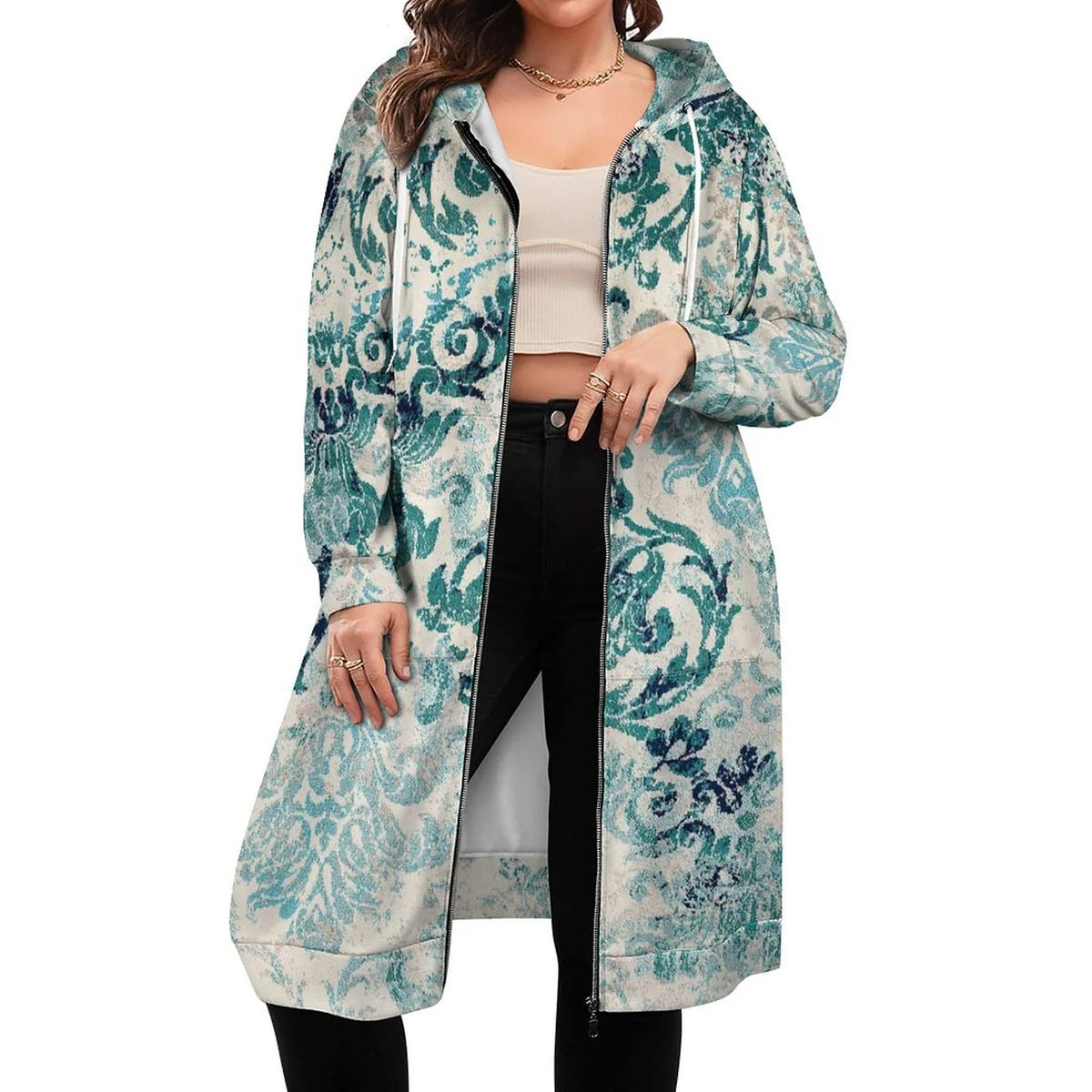 Women's Longline Full Zip Hooded Coat - Teal Baroque Damask Print