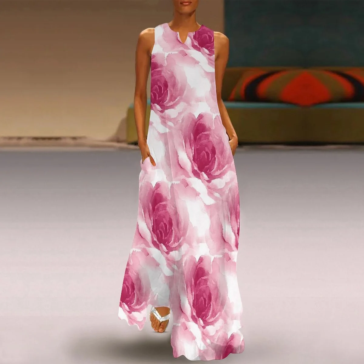 Women's Sleeveless Scoop-Neck Maxi Dress - Watercolor Rose Print - view 2