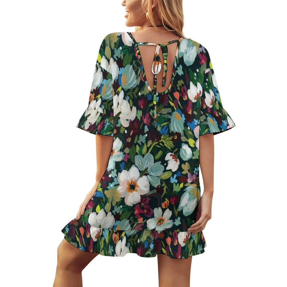 Women's Ruffle Sleeve Beach Cover-Up Dress - Moonlit Garden Floral Print - view 8