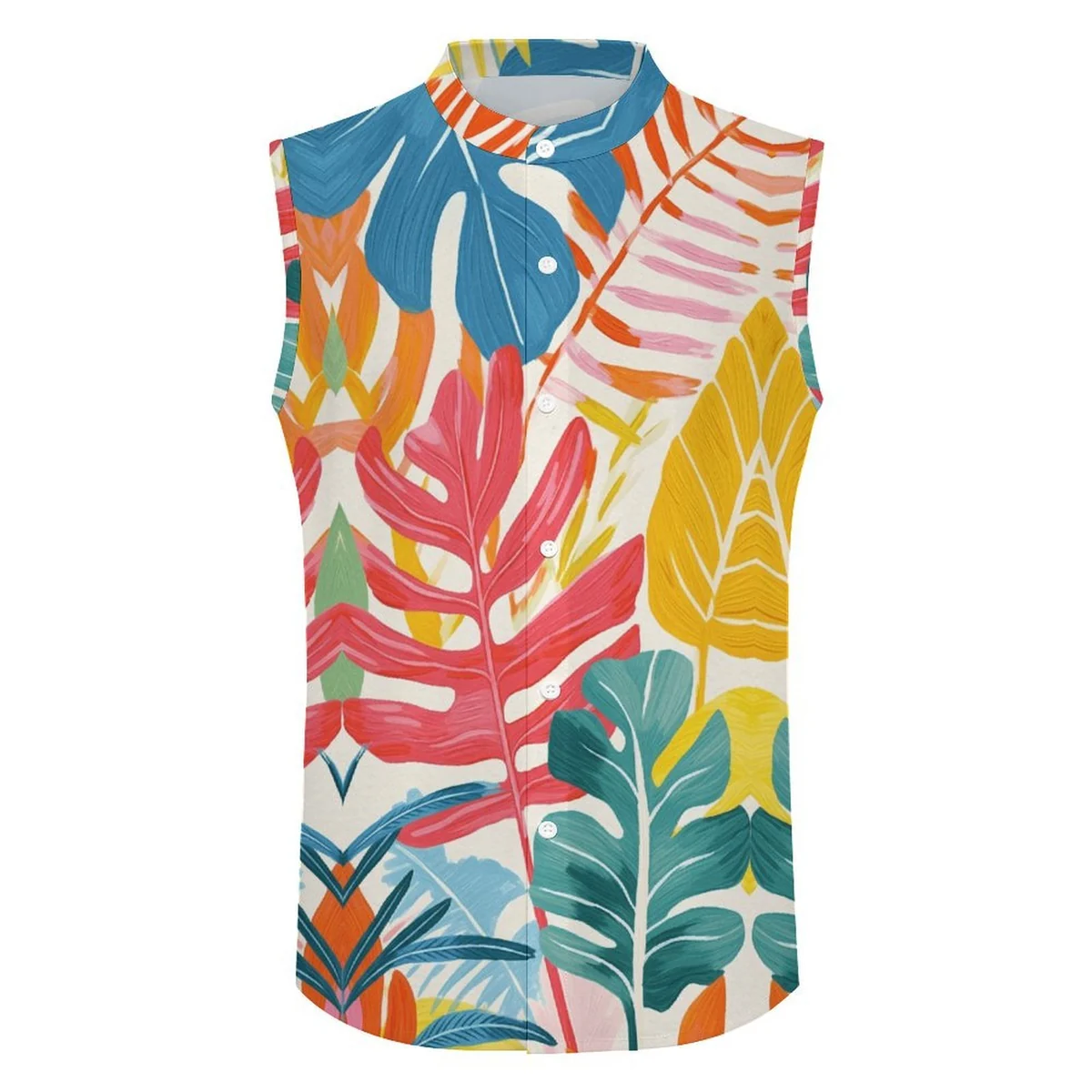 Men's Sleeveless Button-Up Shirt - Bold Tropical Leaf Print - view 4