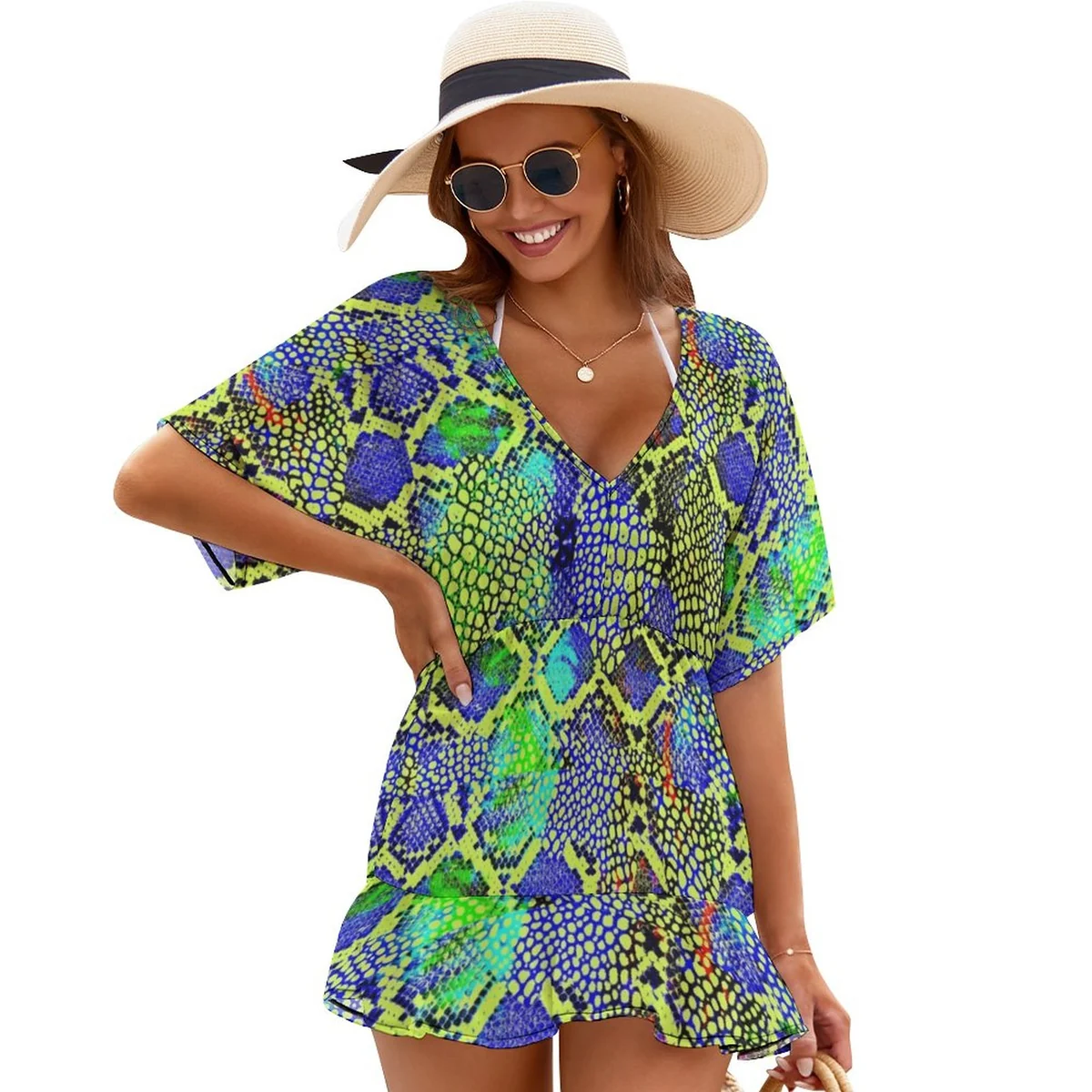 Women's Flutter Sleeve Beach Cover-Up Dress - Neon Snakeskin Print