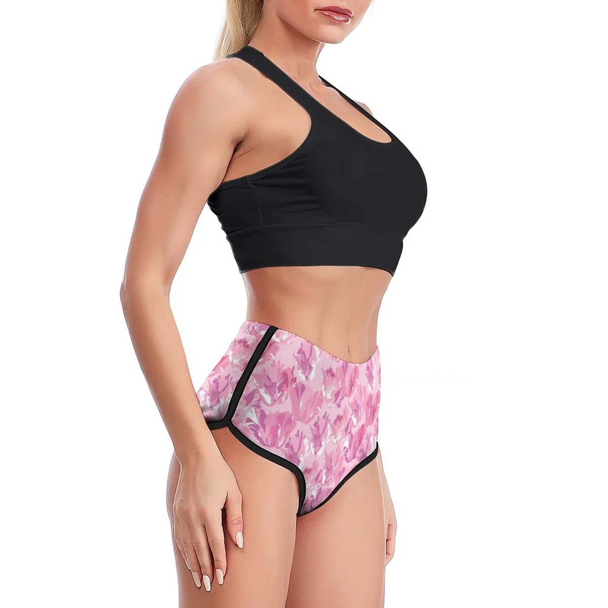 Women's High-Waist Booty Yoga Shorts - Pink Watercolor Blossom Print - view 3