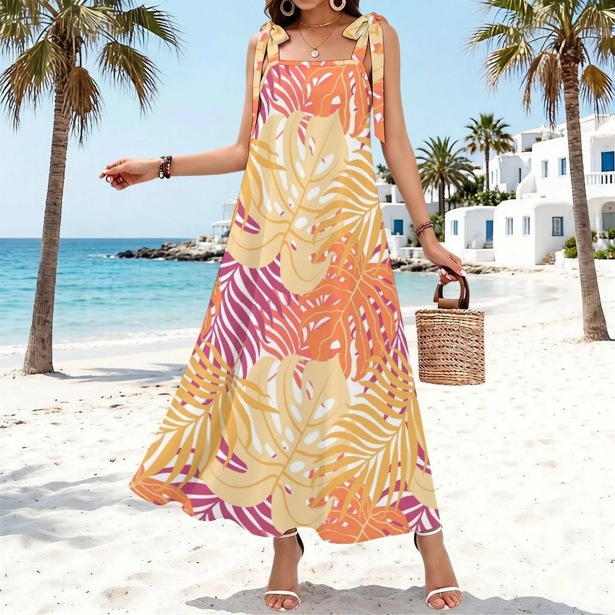 Women's Tie-Shoulder Maxi Dress - Sunset Palm Leaf Print - view 4