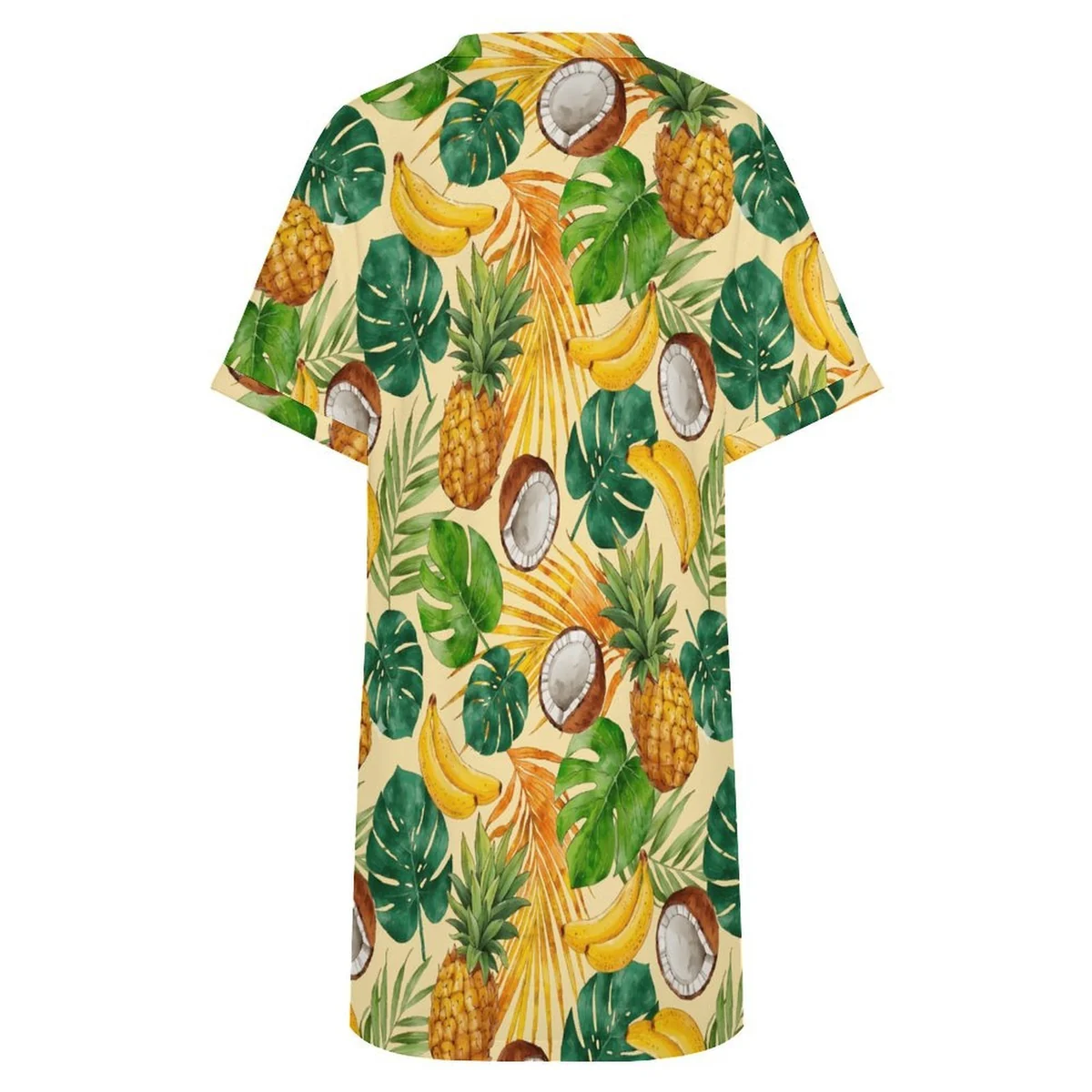 Women's V-Neck Rolled Cuff T-Shirt Dress - Pineapple Banana Coconut Print - view 5