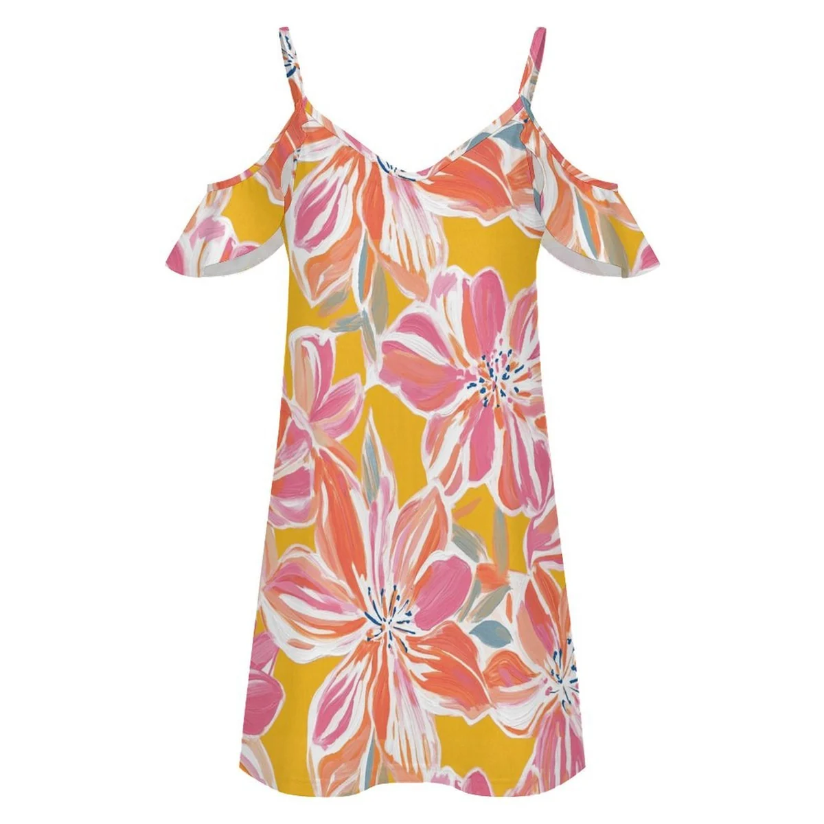Women's Cold Shoulder Ruffle Mini Dress - Tropical Lily Print - view 4