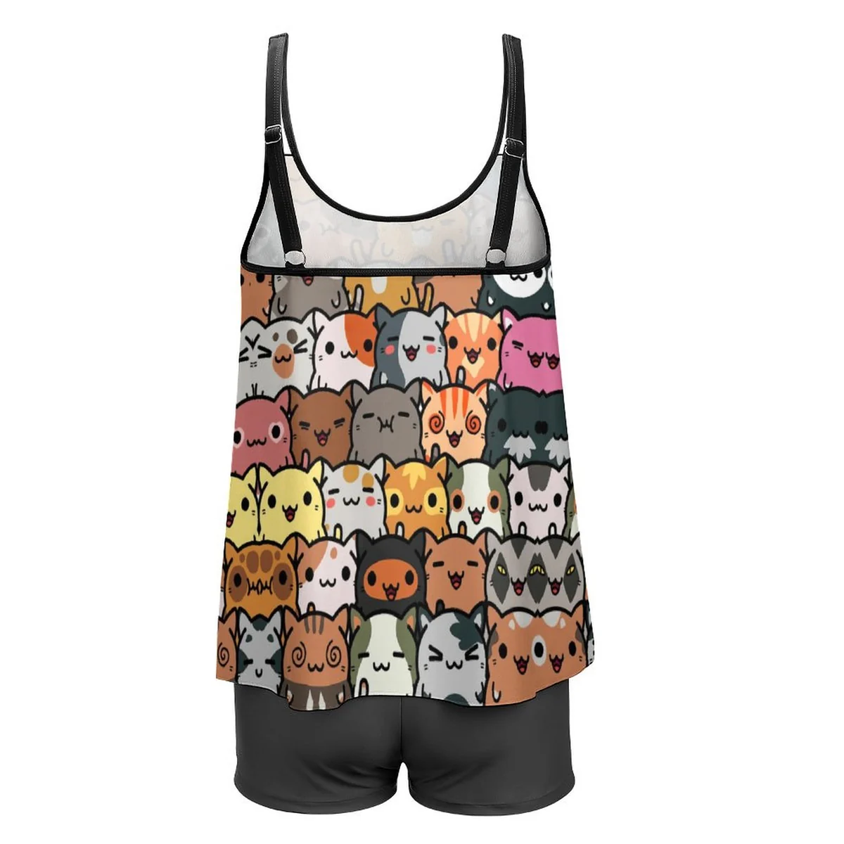 Women's Strappy Flowy Tankini Set - Kawaii Cat Crowd Print - view 7