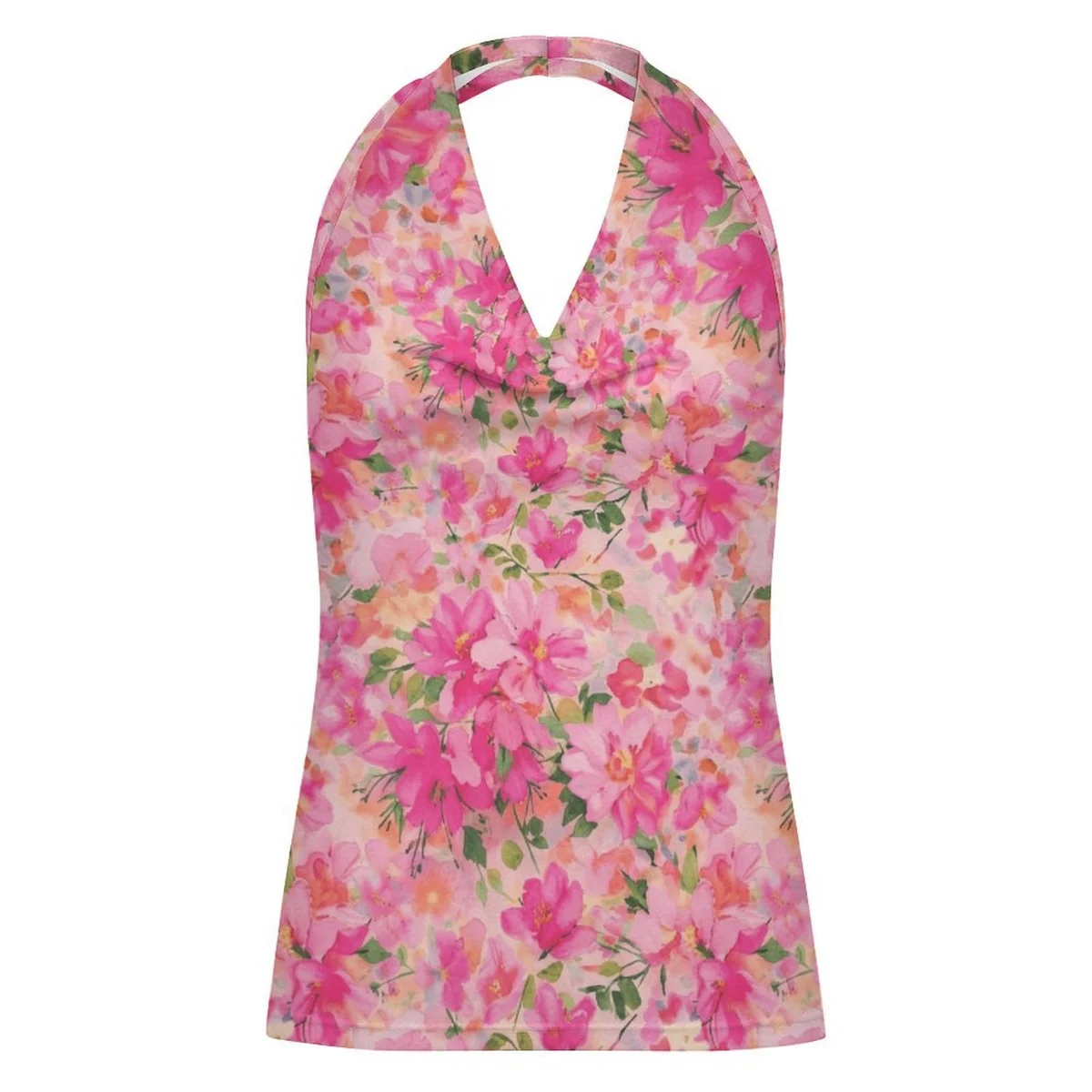 Women's Cowl Neck Halter Top - Pink Floral Cluster Print - view 4