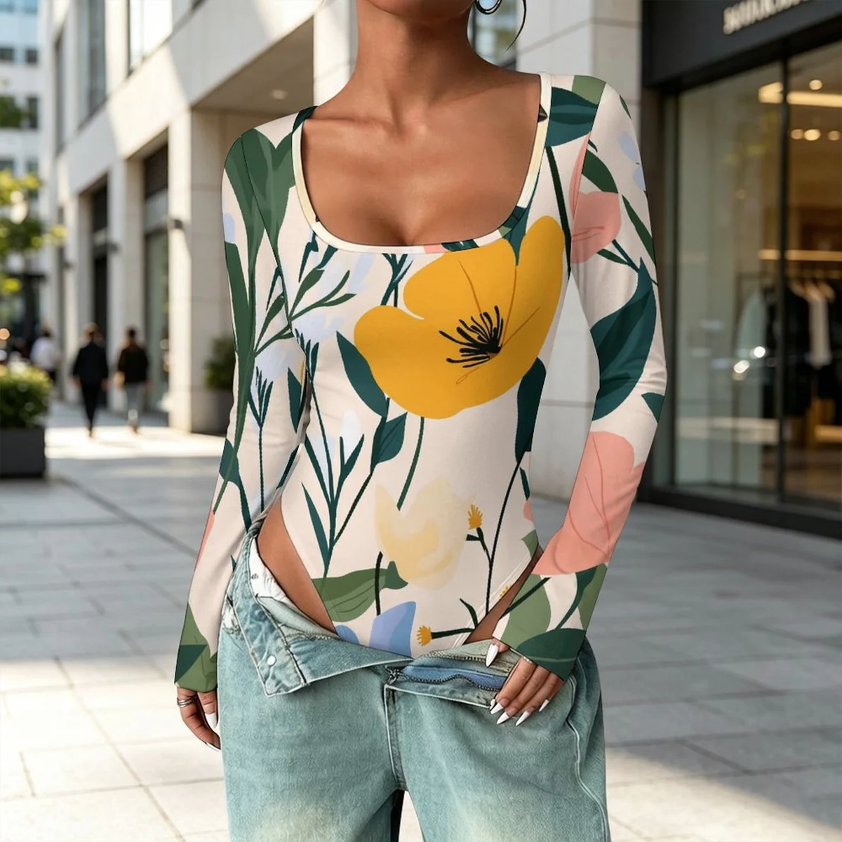 Women's Square-Neck Long Sleeve Bodysuit - Modern Poppy Print - view 2
