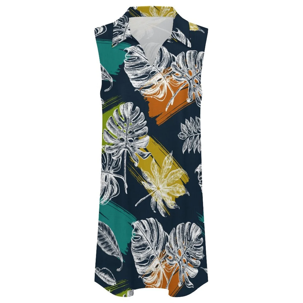 Women's Collared V-Neck Sleeveless Shift Dress - Monstera Colorblock Print - view 4
