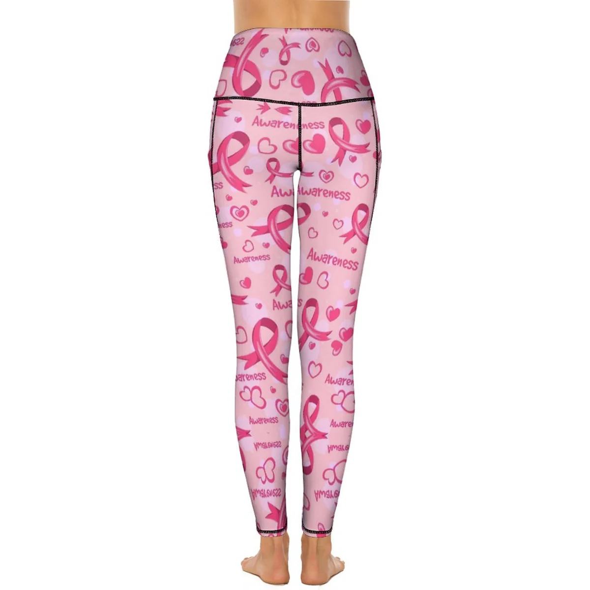 Women's High-Waist Pocket Yoga Leggings - Pink Ribbon Heart Print - view 3