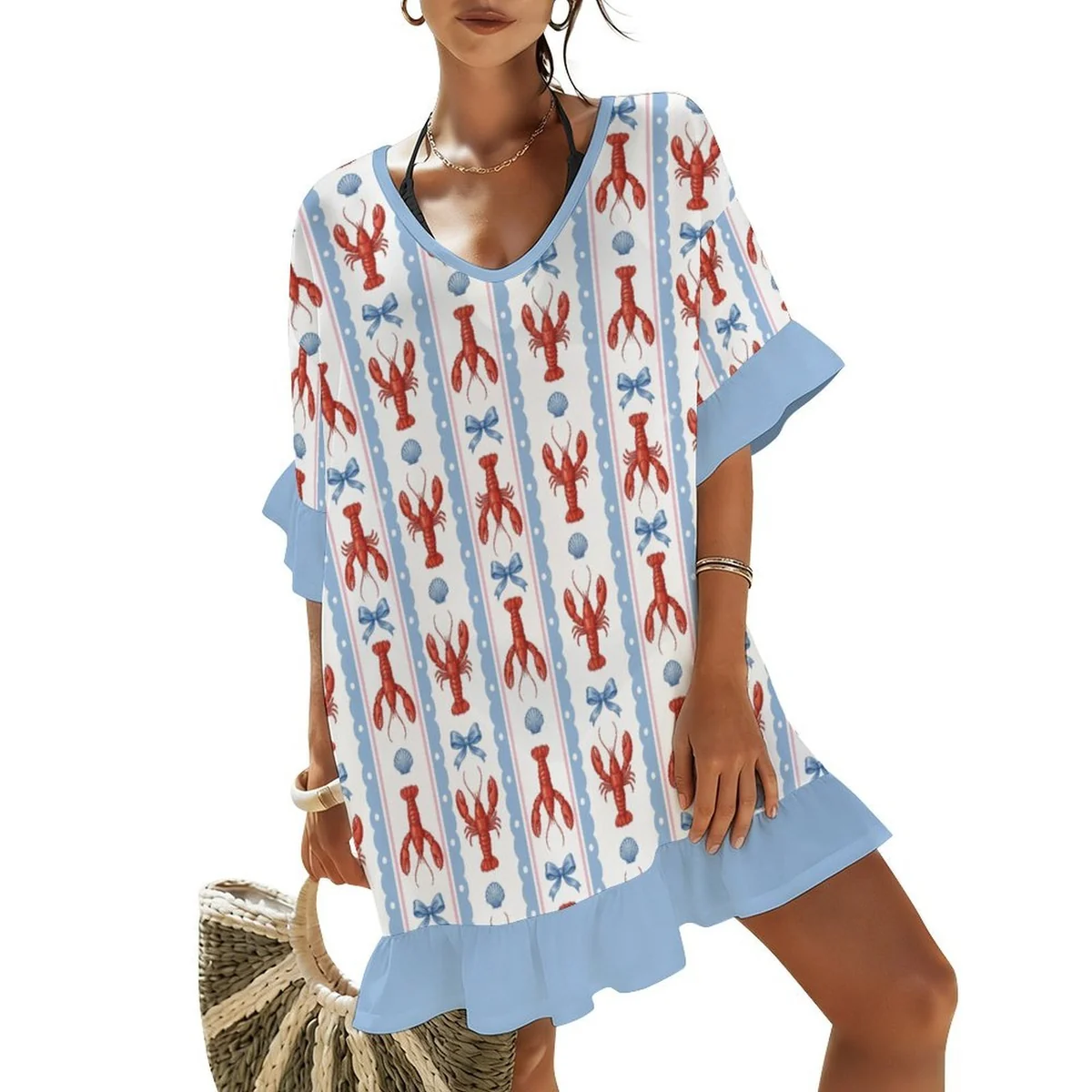 Women's Ruffle Sleeve Beach Cover-Up Dress - Lobster Stripe Print - view 7