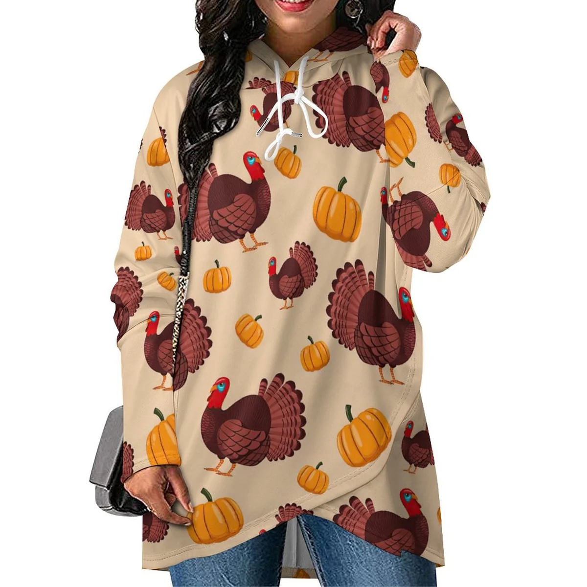Women's Longline Asymmetric Hem Hoodie - Turkey and Pumpkin Print