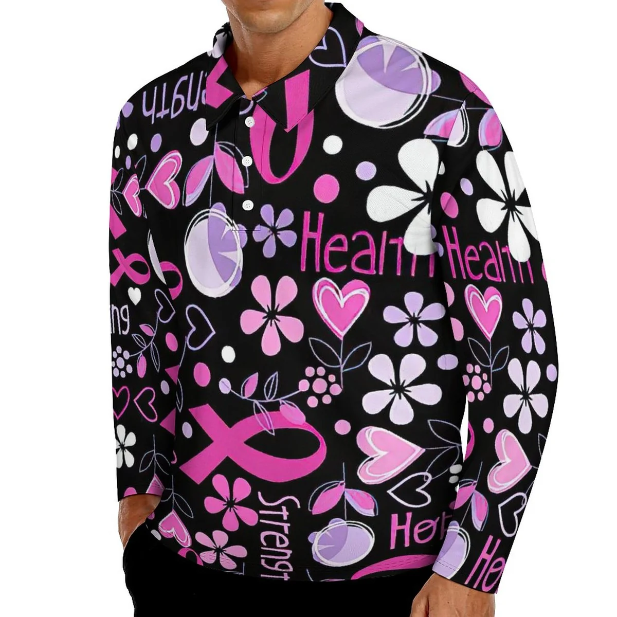 Men's Long Sleeve Polo Shirt - Pink Ribbon Strength Print