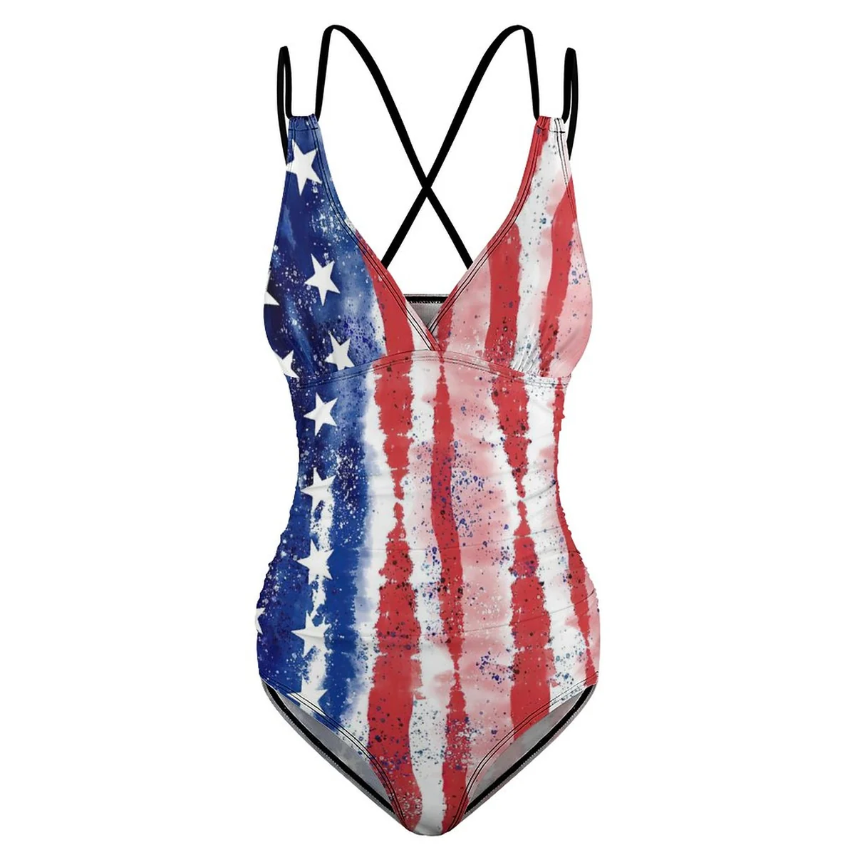 Women's V-Neck Crossback One-Piece Swimsuit - Distressed American Flag Print - view 6