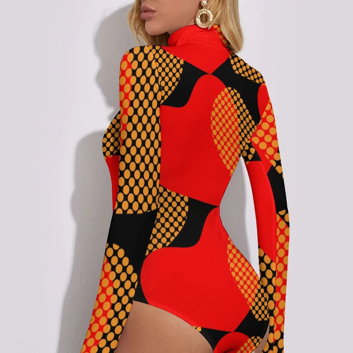 Women's Mock Neck Long Sleeve Bodysuit - Retro Dot Grid Colorblock Graphic - view 2
