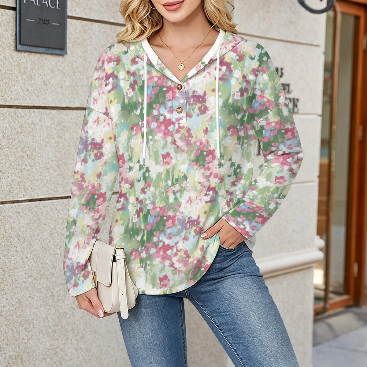 Women's V-Neck Button Hooded Pullover - Spring Blossom Field Print - view 2