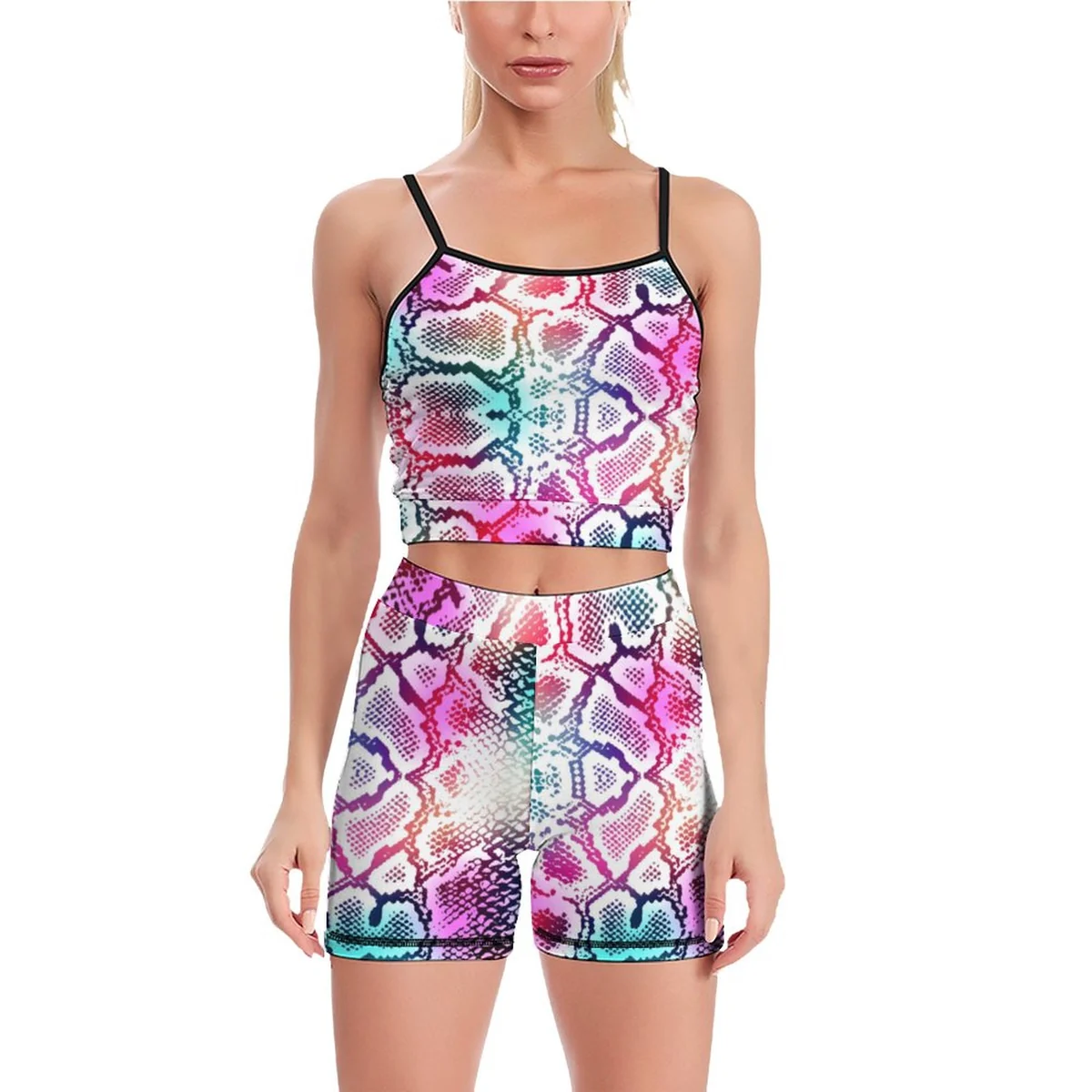 Women's Cami Crop Top and Bike Shorts Set - Rainbow Snakeskin Print