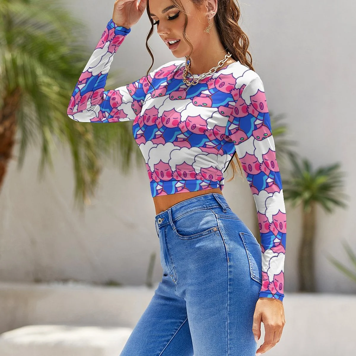 Women's Tie-Back Cutout Long Sleeve Crop Top - Piggy Stripe Print - view 3