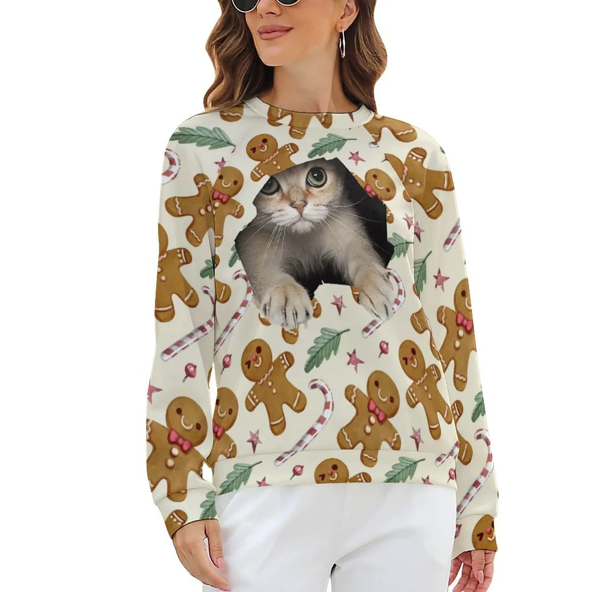 Women's Raglan Crew Neck Sweatshirt - Peeking Kitten Gingerbread Print - view 8