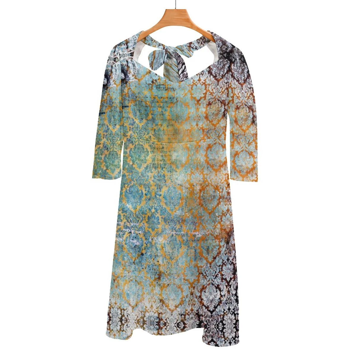 Women's Sweetheart Tie-Back Flare Sleeve Dress - Weathered Damask Print - view 5