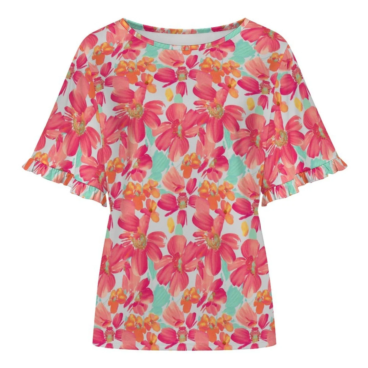 Women's Flutter Sleeve Crew Neck Tee - Tropical Lily Print - view 4