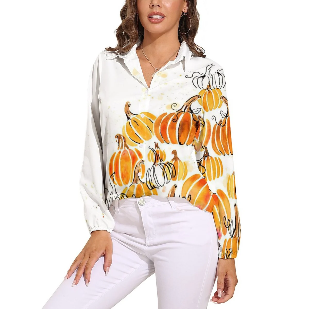 Women's Relaxed Long Sleeve Button-Down Shirt - Watercolor Pumpkin Print