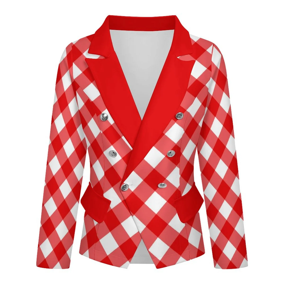 Women's Double Breasted Blazer - Red Gingham Print - view 4