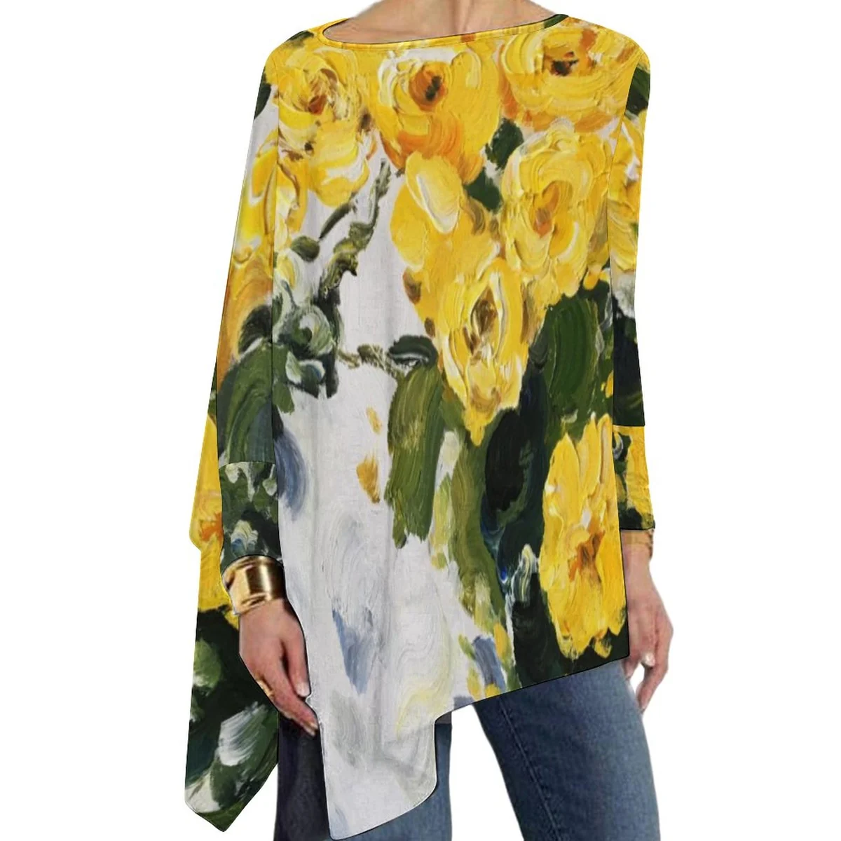 Women's Asymmetric Hem Long Sleeve Tunic - Oil Painted Yellow Rose Graphic