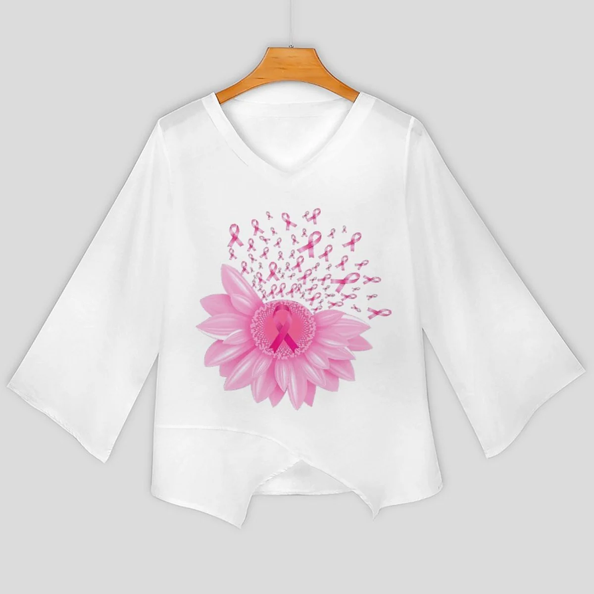Women's V-Neck Chiffon Bell Sleeve Tunic - Pink Ribbon Daisy Print - view 3