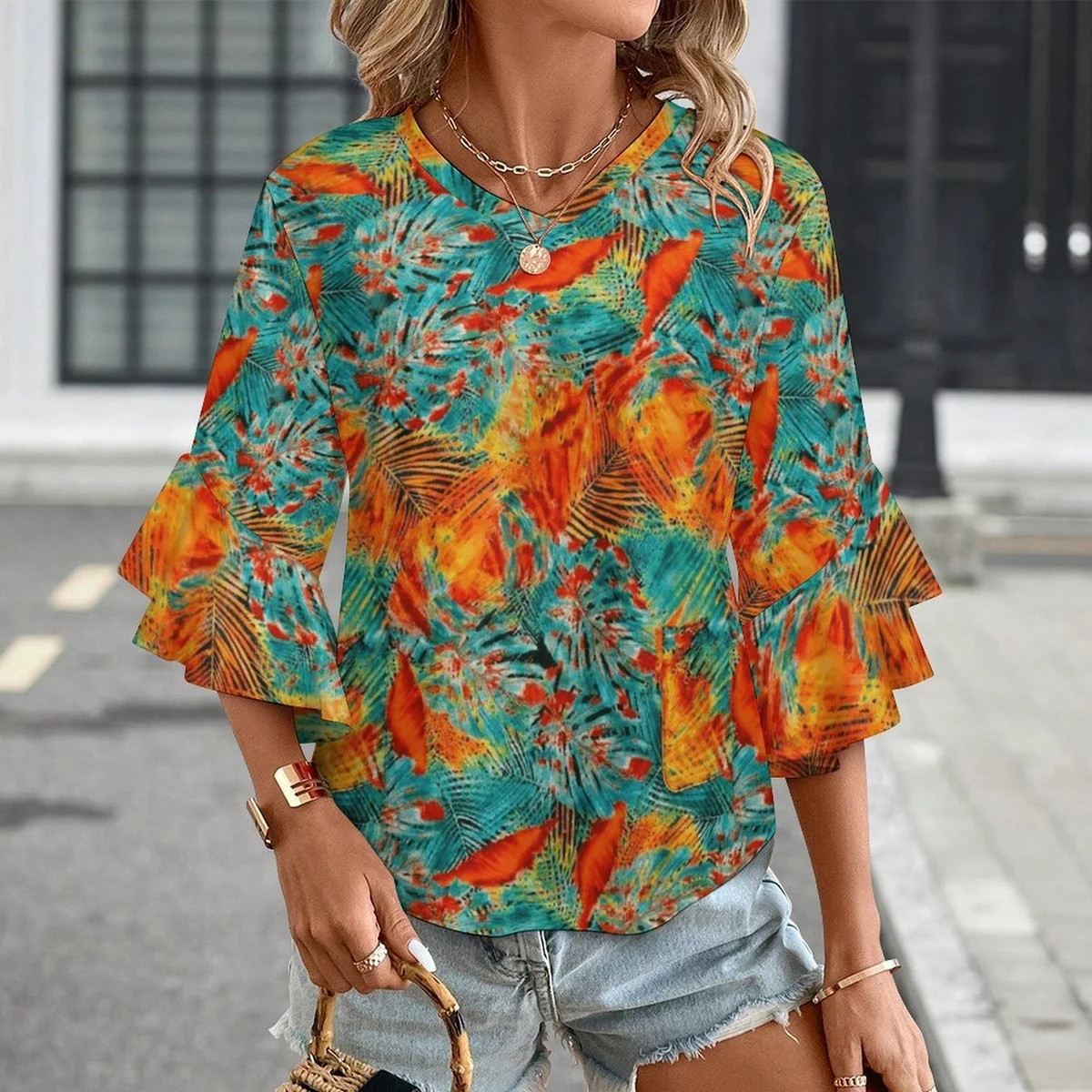 Women's V-Neck Bell Sleeve Blouse - Sunset Palm Frond Print - view 2