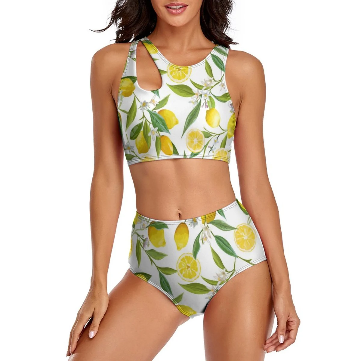 Women's Sporty High-Neck High-Waist Bikini Set - Lemon Branch Print - view 2