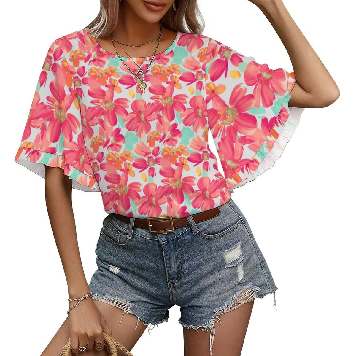 Women's Flutter Sleeve Crew Neck Tee - Tropical Lily Print - view 2