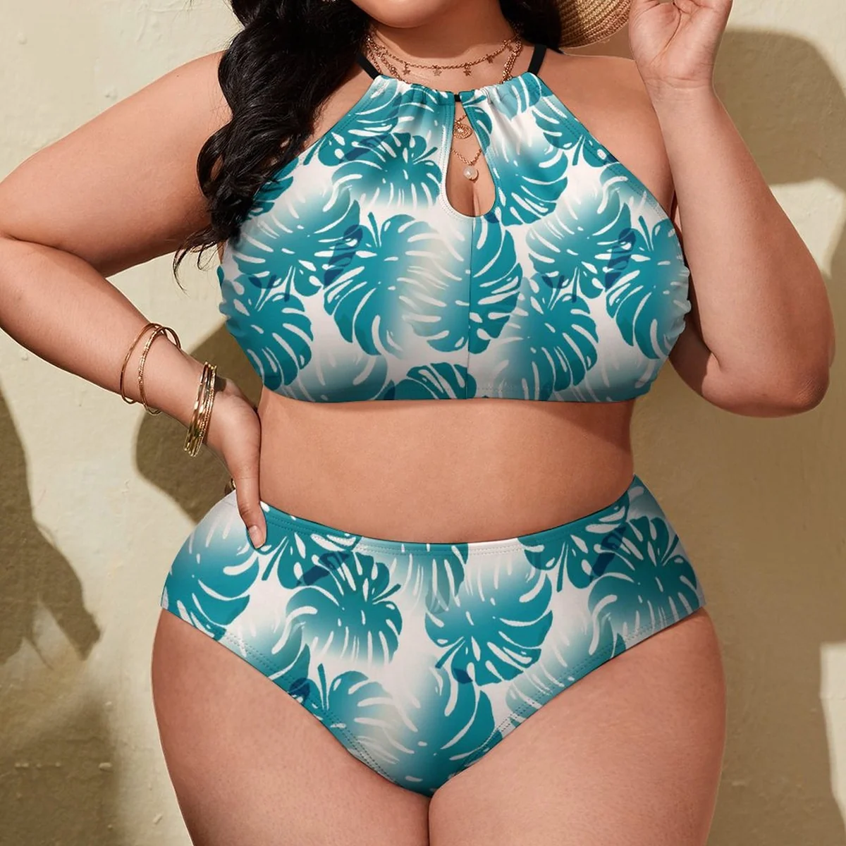 Women's Plus Size Keyhole High-Neck Bikini Set - Monstera Leaf Print - view 2