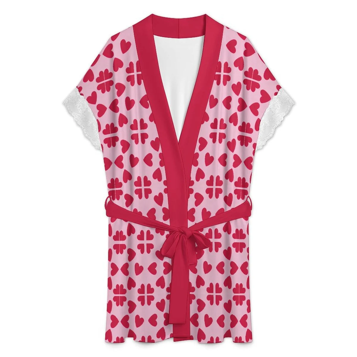 Women's Lace Trim Short Sleeve Belted Robe - Pink Heart Print - view 3