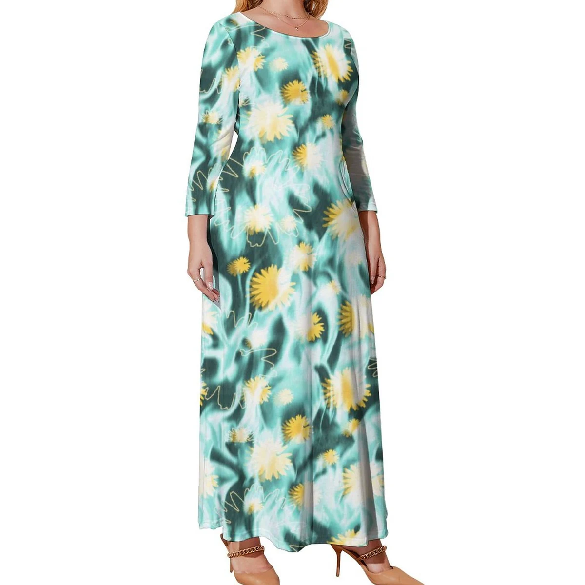 Women's Plus Size Crew Neck Long Sleeve Maxi Dress - Watercolor Pineapple Print