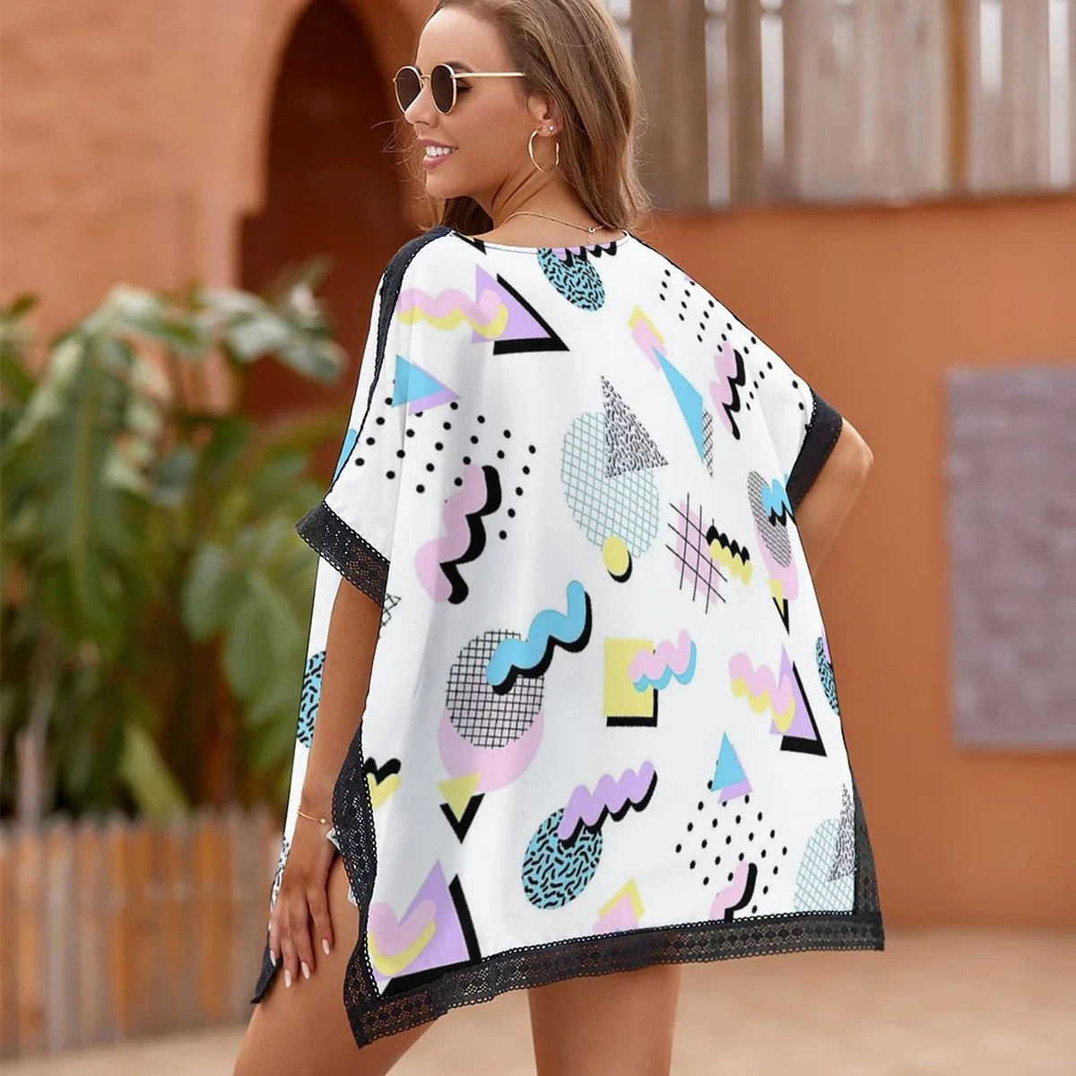 Women's Open Front Kimono Cover-Up - 90s Memphis Shapes Print - view 4