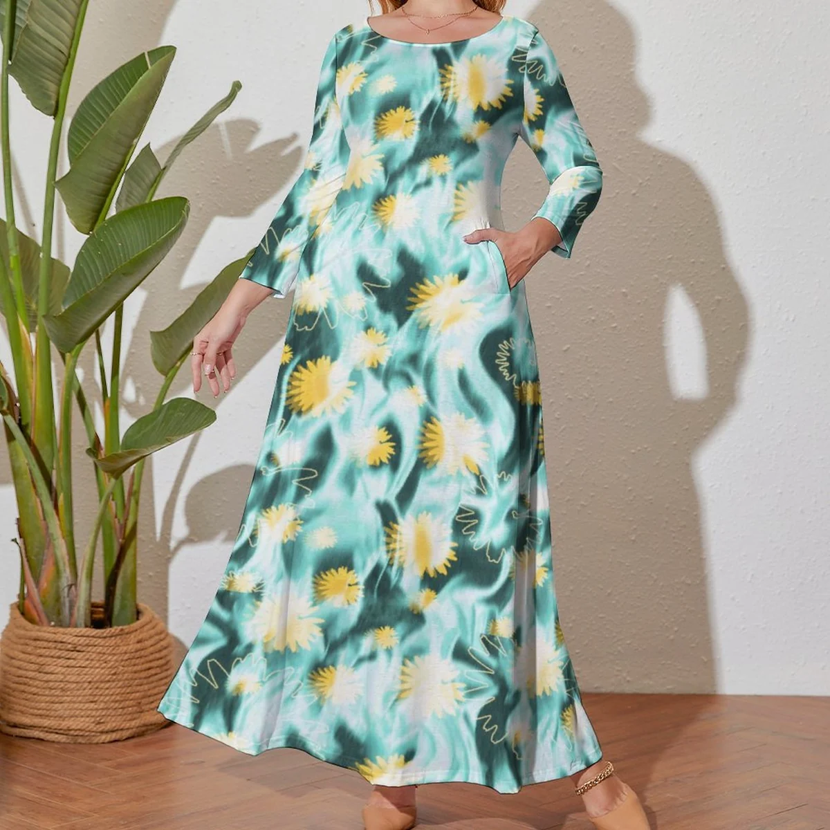 Women's Plus Size Crew Neck Long Sleeve Maxi Dress - Watercolor Pineapple Print - view 2