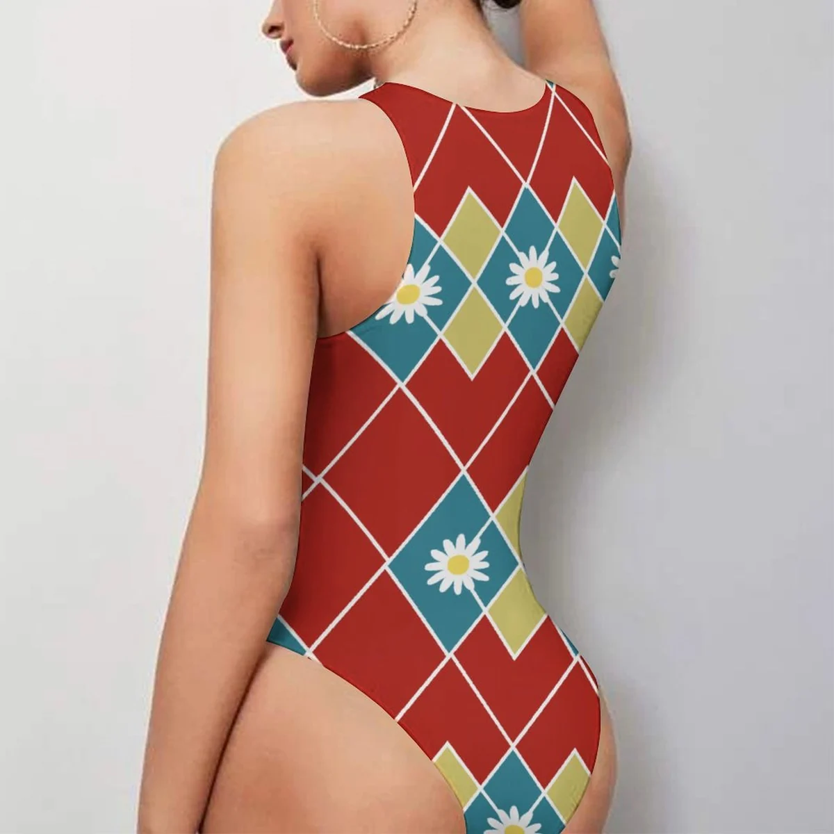 Women's Racer Tank Bodysuit - Harlequin Daisy Print - view 2