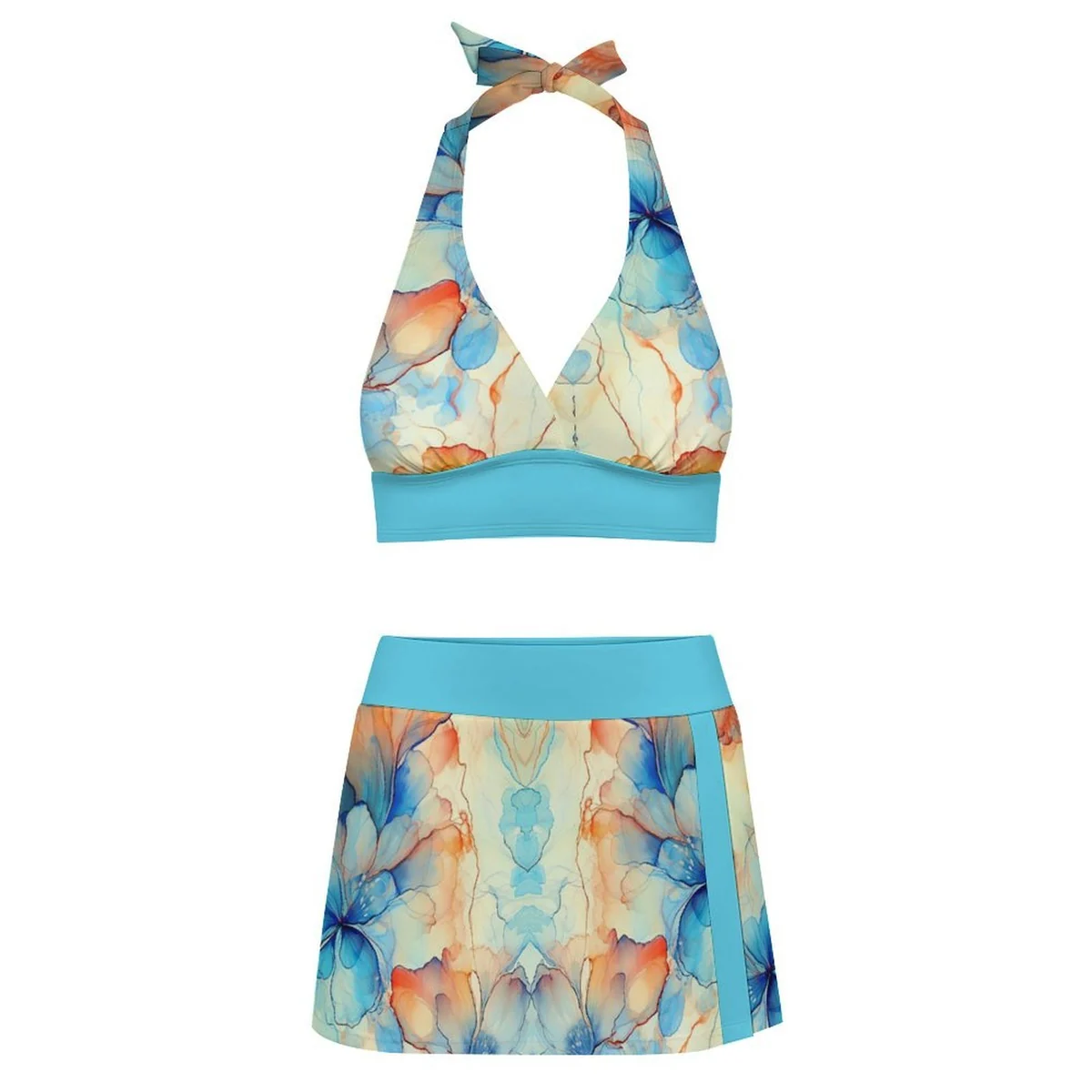 Women's Halter Bikini Top with Slit Swim Skirt - Watercolor Blossom Print - view 6