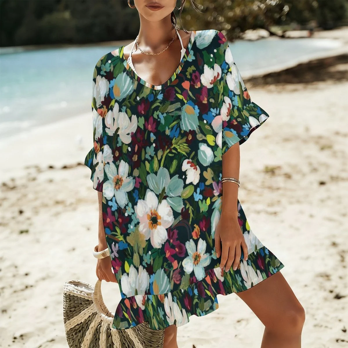 Women's Ruffle Sleeve Beach Cover-Up Dress - Moonlit Garden Floral Print - view 2