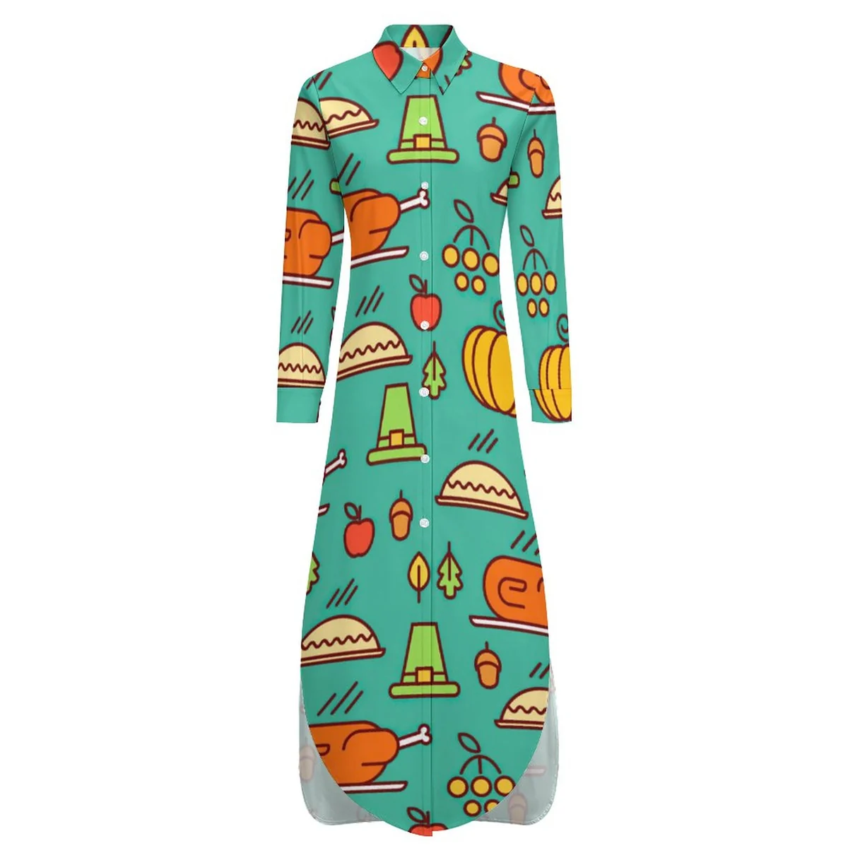 Women's Button-Down Long Sleeve Shirt Midi Dress - Thanksgiving Harvest Print - view 5