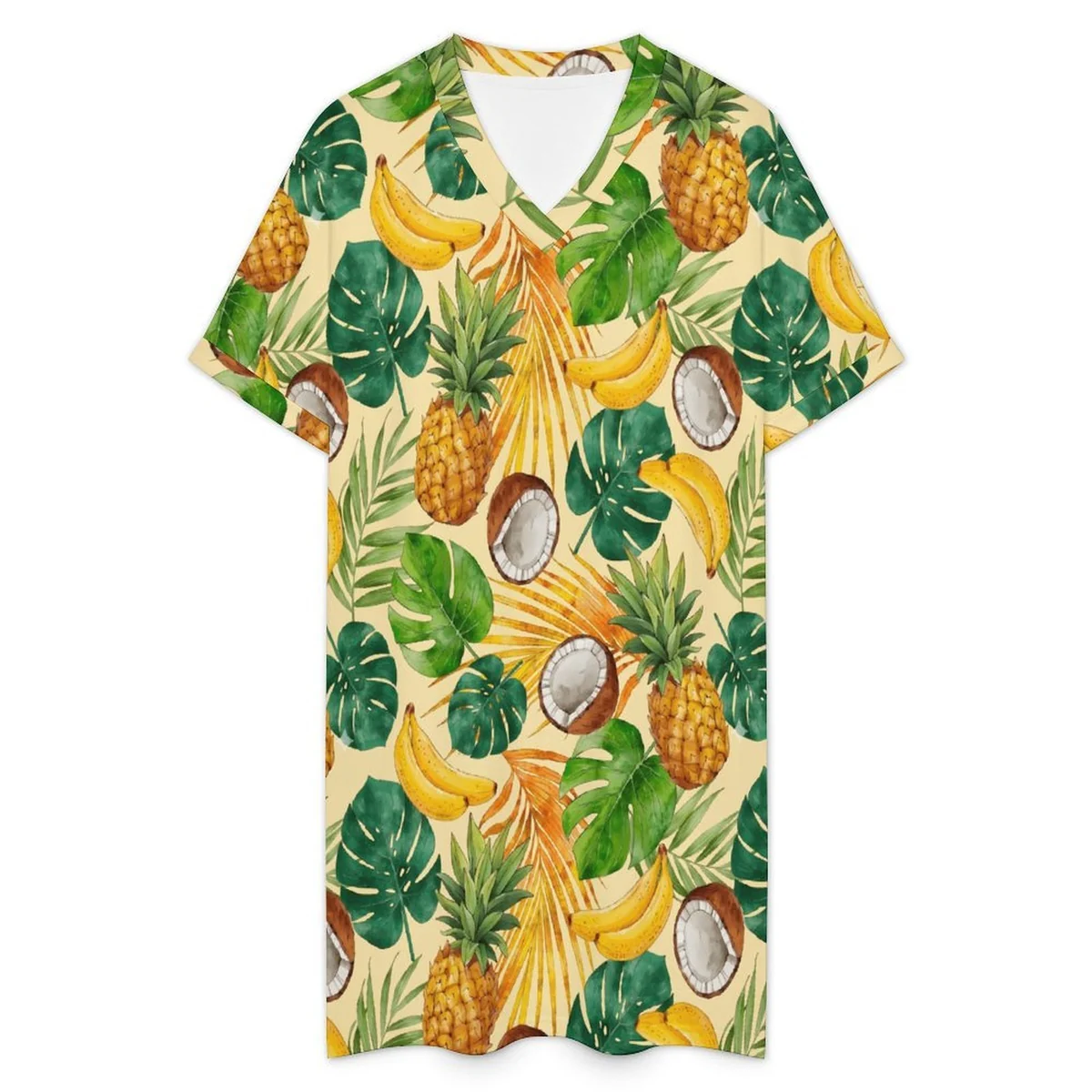 Women's V-Neck Rolled Cuff T-Shirt Dress - Pineapple Banana Coconut Print - view 3