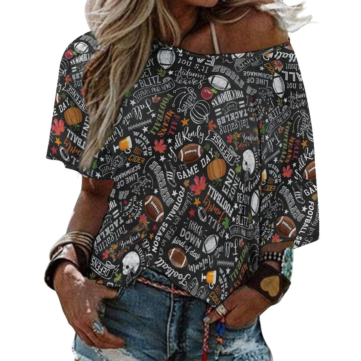 Women's Off-Shoulder Half Sleeve Tee - Game Day Sports Print